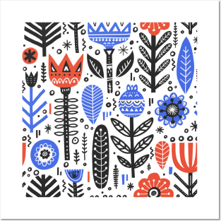 Slavic Folk Pattern with Flowers and Leaves Posters and Art